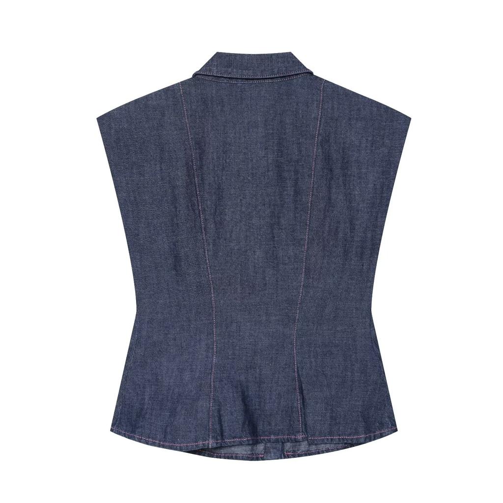 European and American style, wholesale women's clothing denim shoulder pads nine-point short skirt shirt + denim bucket pants set