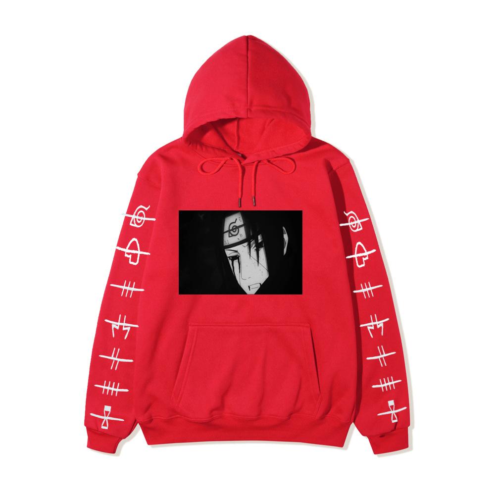 Anime Naruto Itachi Uchiha Hoodie Double Sleeve Symbol Print Character Front Print Pullover Sweatshirt Men Women Streetwear