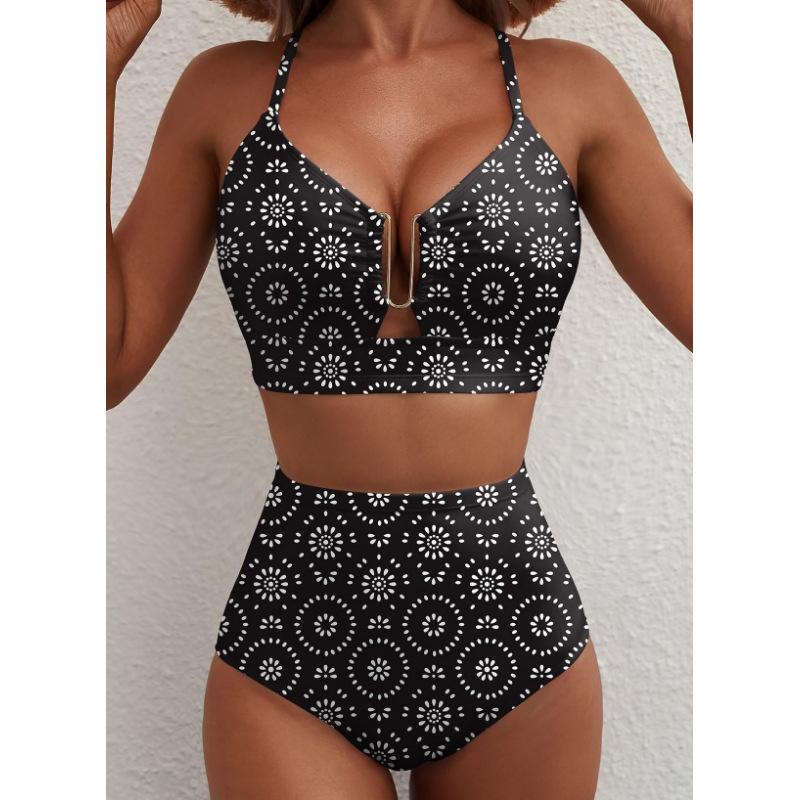 Women Floral High Waisted Bikini U Metal Ring Front Two Piece Spaghetti Strap Beach Swimsuit