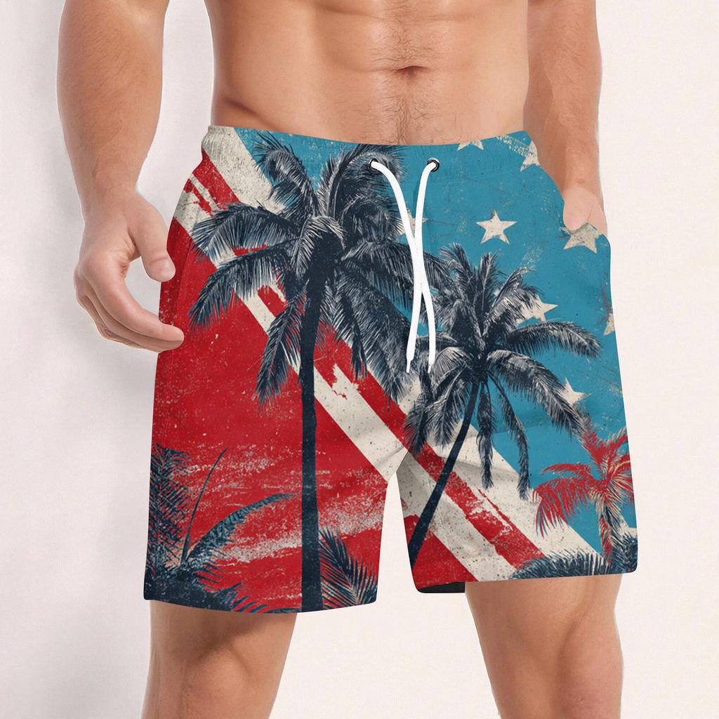 Men Swim Trunks Drawstring Waist 3D Star Print Quick Dry Board Shorts with Mesh and Side Pockets