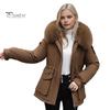 Winter Women Cotton Jacket Furry Hood Thickened Plush Long Sleeves Elastic Waist Pockets Zipper Closure Coat Mid Length Windproof Warm Down Coat