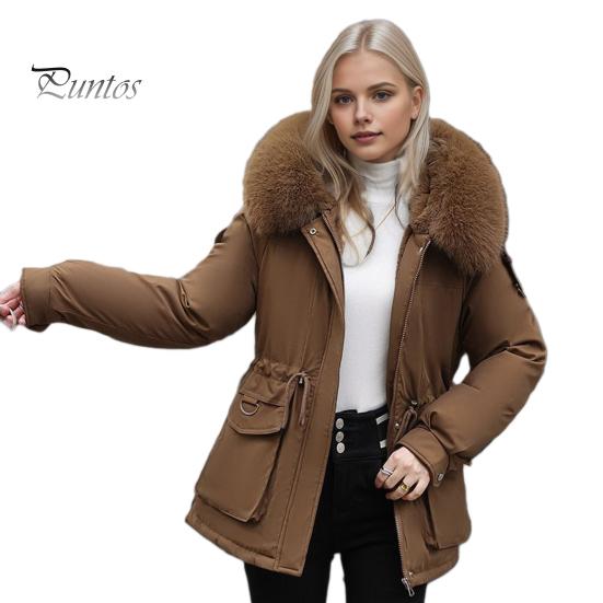 Winter Women Cotton Jacket Furry Hood Thickened Plush Long Sleeves Elastic Waist Pockets Zipper Closure Coat Mid Length Windproof Warm Down Coat