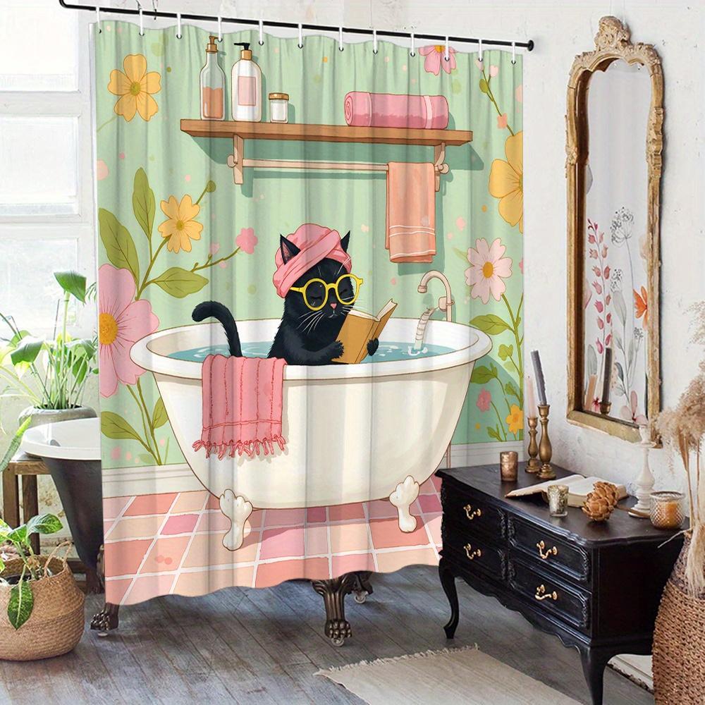 1pc Vintage Bathroom Cat Shower Curtain, Black Cat with Yellow Glasses & Pink Turban Reading Book in Bathtub Design