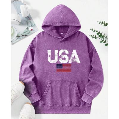 Retro USA Buchstaben Druck Gewaschene Hoodies Mode Taschen-Hoodie Lässige Baumwoll-Pullover Übergroße Damenbekleidung