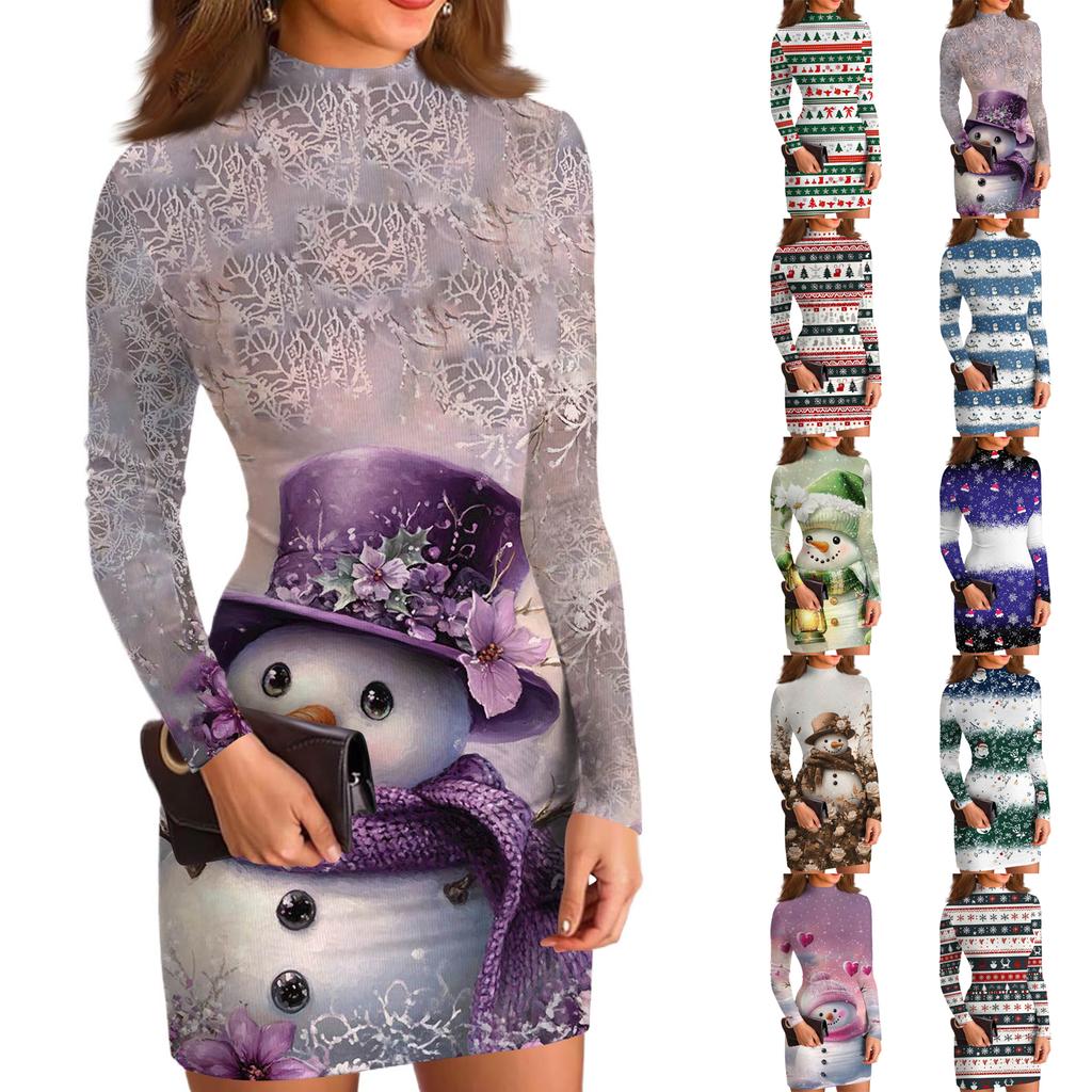 Women's High-Neck Casual Long-Sleeved Printed Slim-Fit Dress