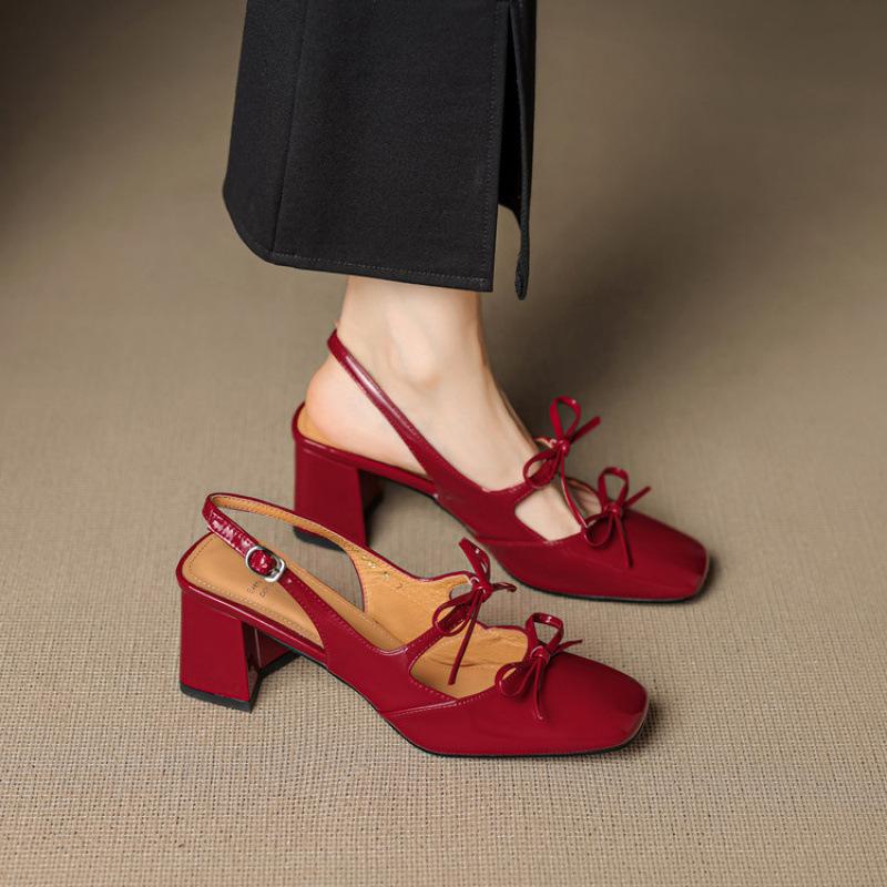 New large-size high-heeled sandals summer leather baotou sandals casual patent leather beef tendon soft sole rear empty sandals square heel