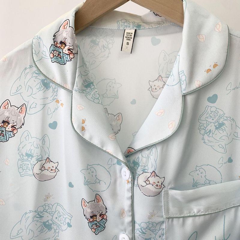 Japanese Cute Mikko Pajamas Women's Summer Artificial Silk Short Sleeve Summer Thin Sweet Silk Homewear