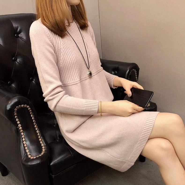 Rollkragenpullover in mittlerer Länge Damen Unterhemd Herbst und Winter Lockerer Pullover Strickkleid Langärmelig Damen