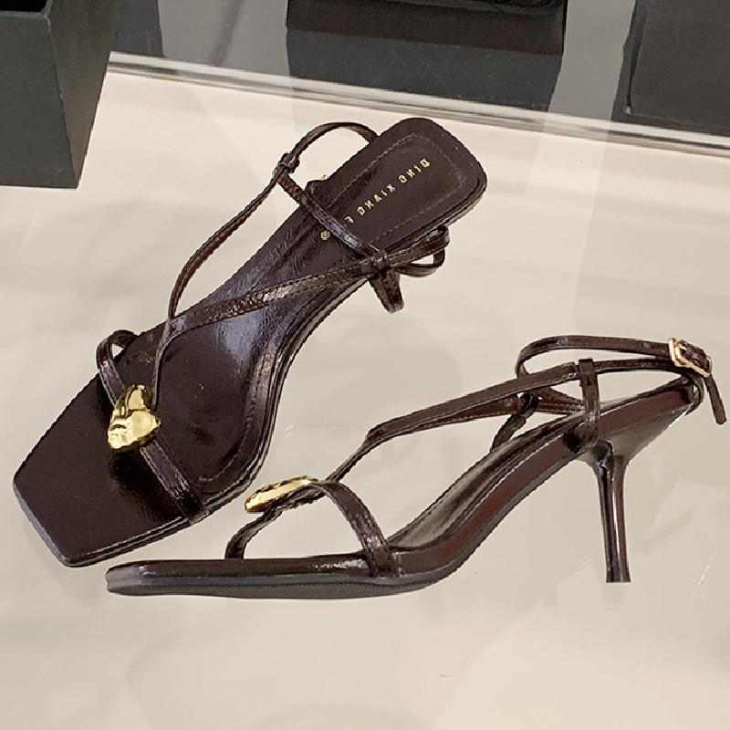 Fashion Fashion Metal Heart Decoration Women Sandal Pointed Toe Open Toe Ankle Strap Roman Shoe Elegant Thin Heel Belt  Buckle High Heel