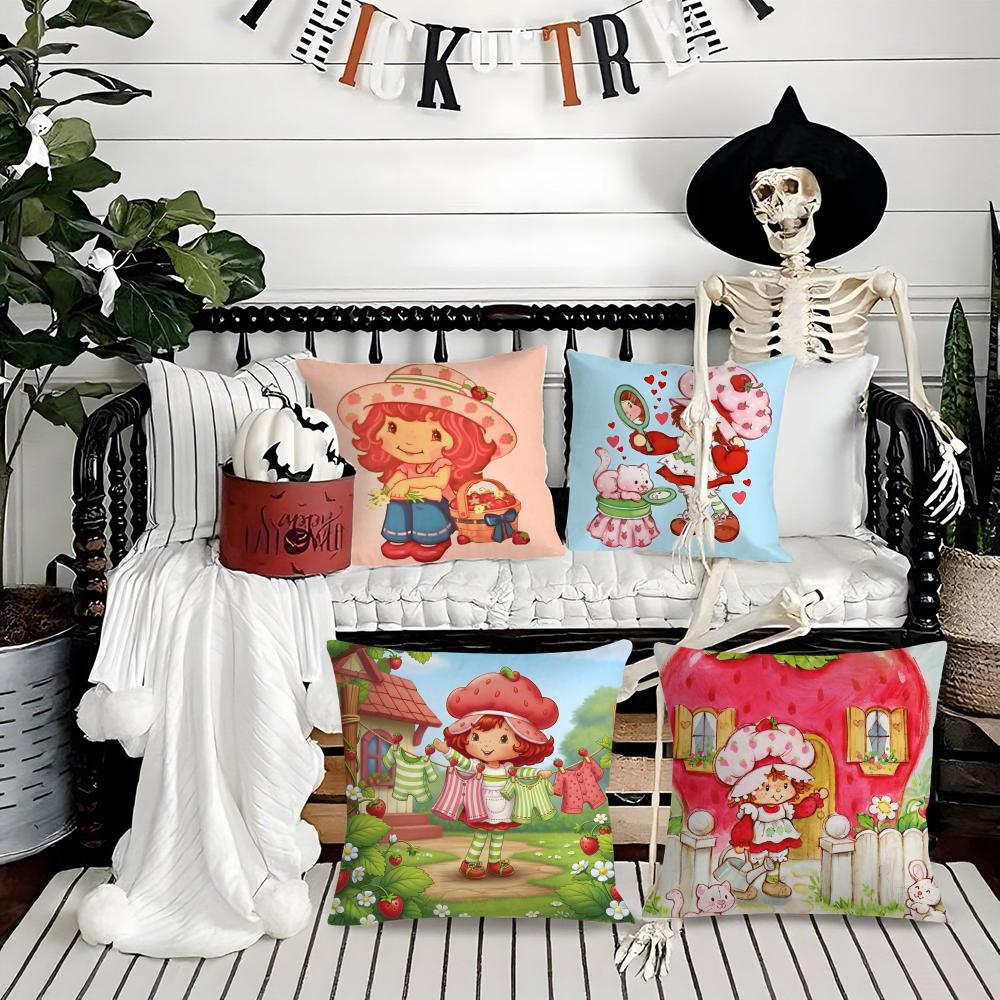 Cute Role Strawberry Shortcake-Cartoon Silky Short Plush With Invisible Zipper Dustproof Sofa Cushion Cover For Home Decor