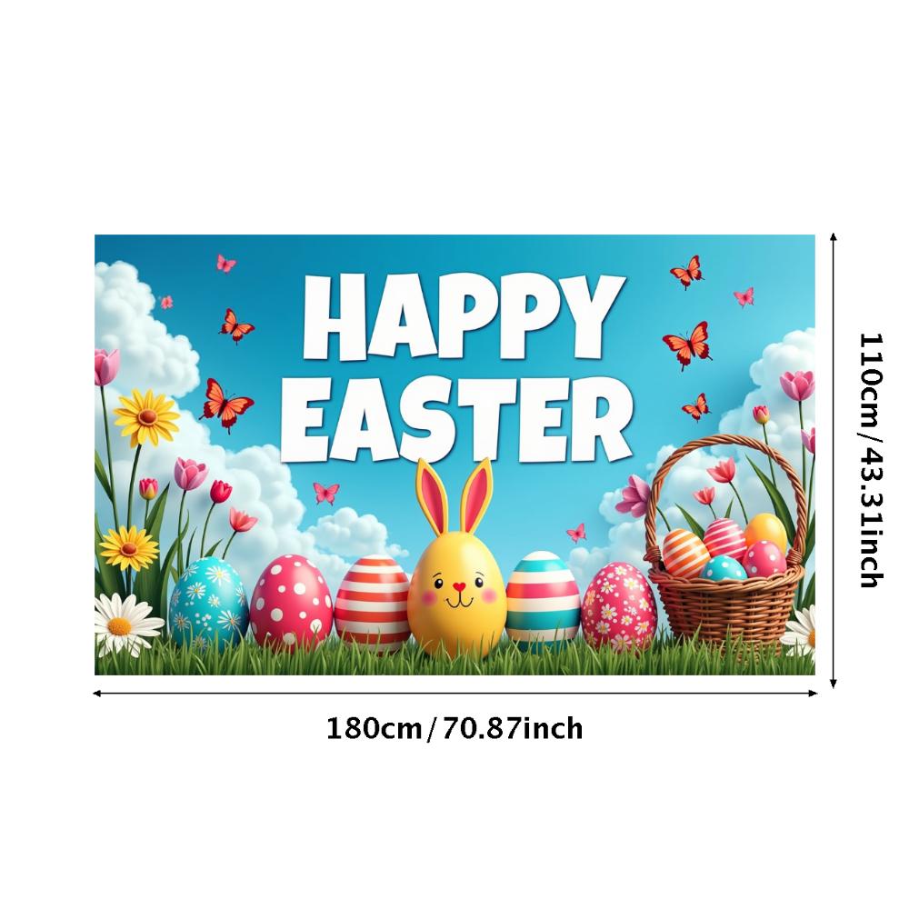 Happy Easter Banner Bunny Ears With Colorful Eggs Butterflies Backdrop Decorations Spring Celebration Background Party Supplies