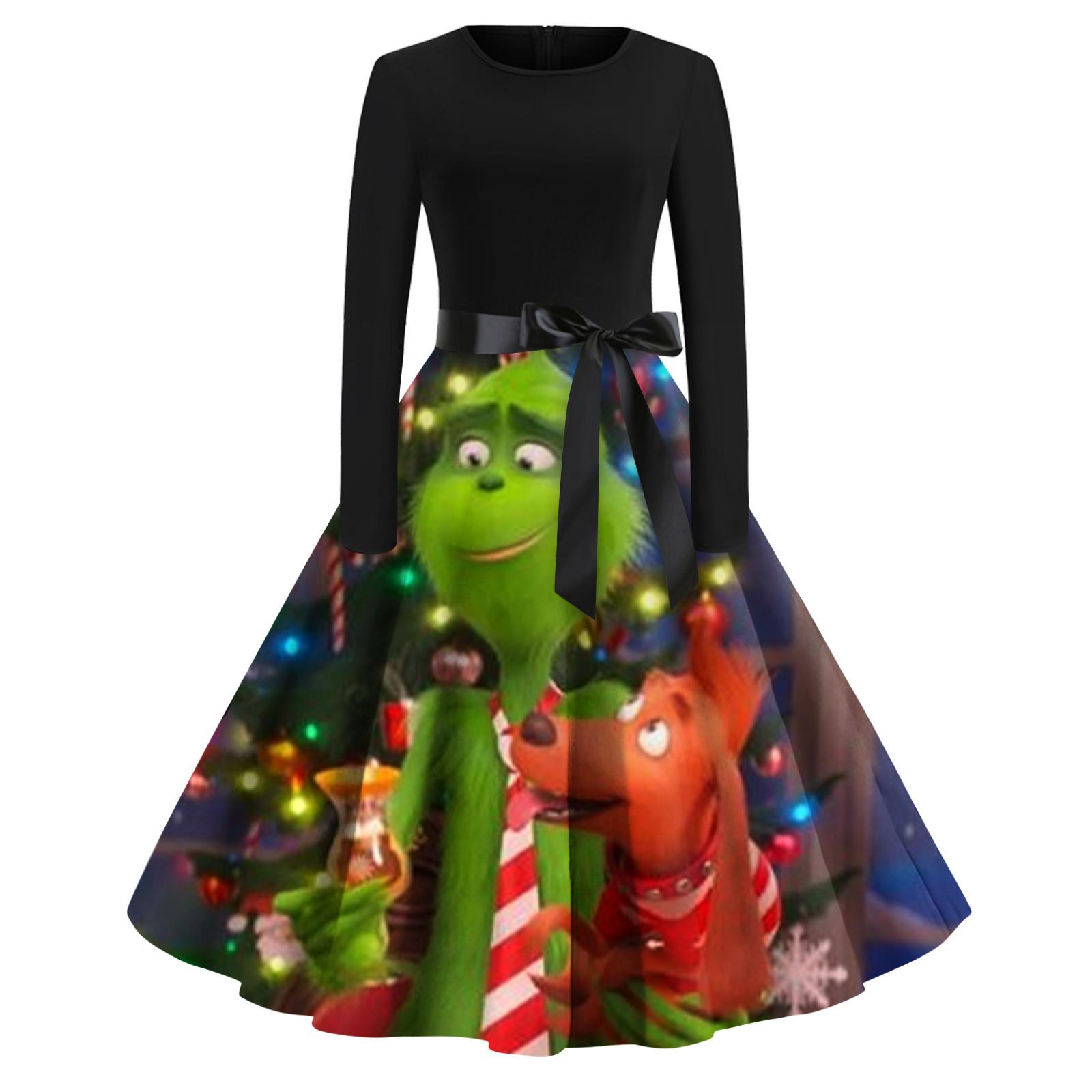 

Women s Christmas Print Flare Dress For Women Long Sleeve Dress Party Casual Dresses M зелёный