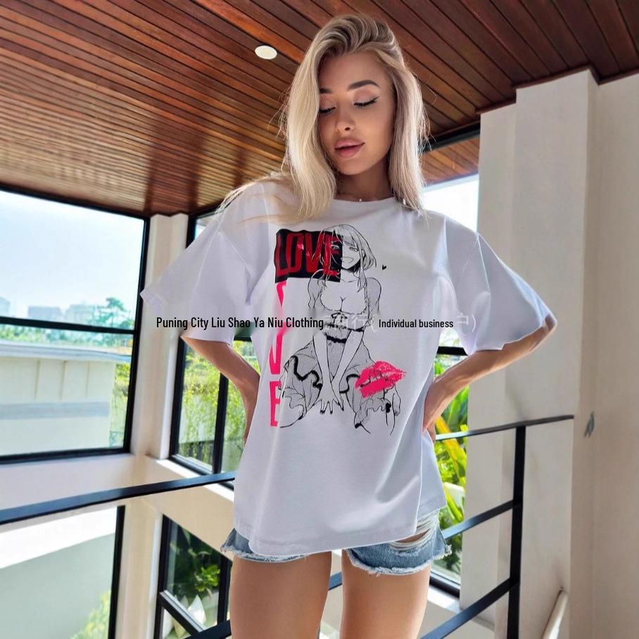 

Chic Anime Print Sweet & Spicy Cotton Short-Sleeve T-Shirt for Women in European & American Style XXXL белый