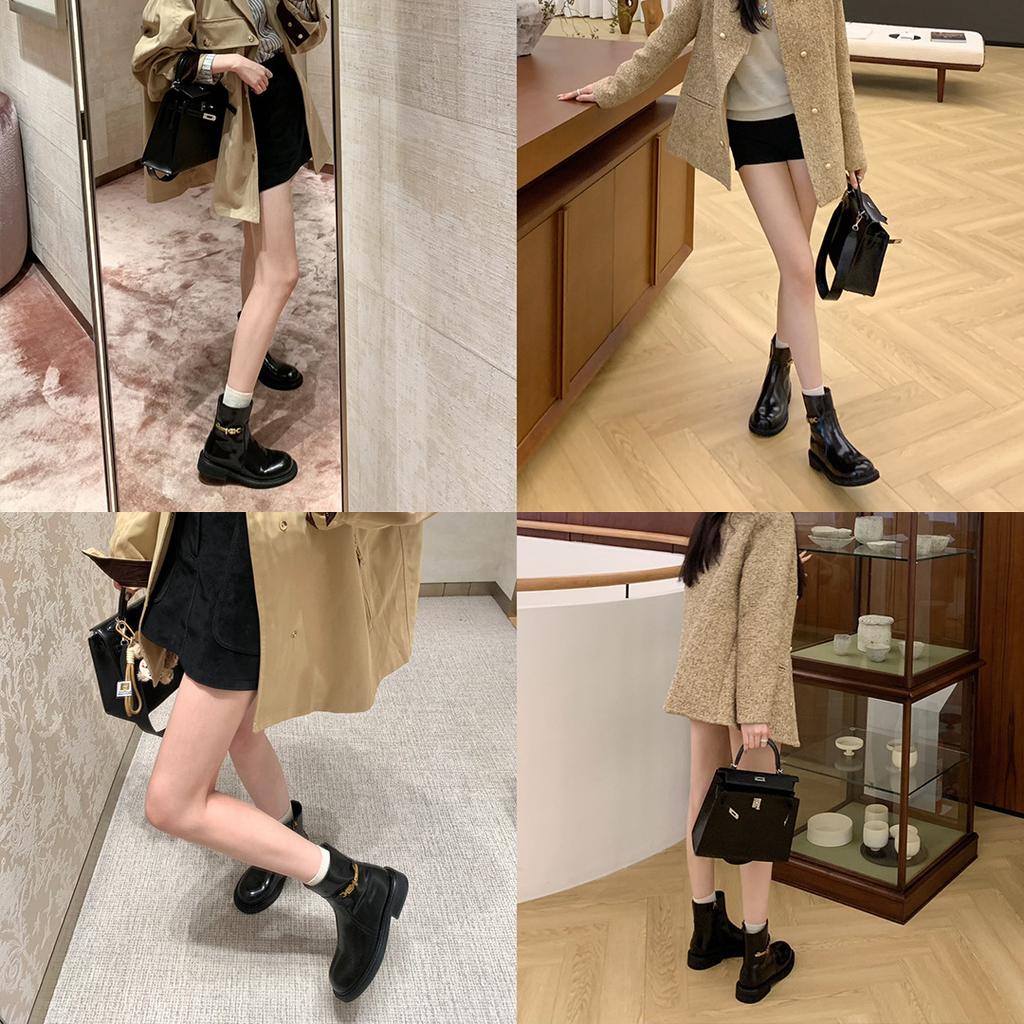 [sheii Su Yinyin] Noble Boots~ Side Zipper Small Gold Buckle Chain Leather Locomotive Martin Short Boots Women's Thin Boots