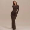 European and American women's clothing autumn and winter new sexy tight long-sleeved pinch pleated hip-wrapped long dress with split ends