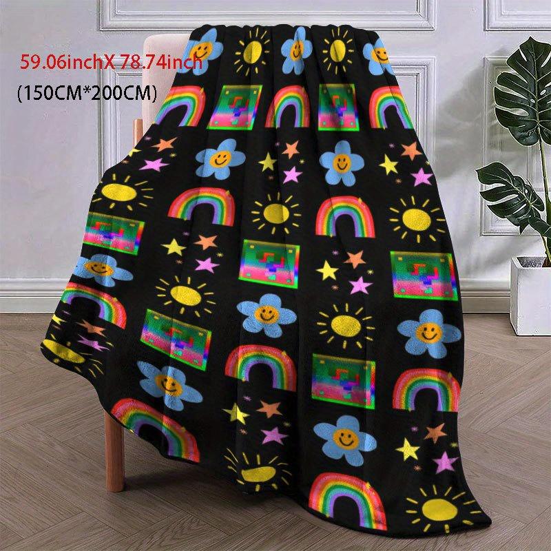 Rainbow Smiles Joy Blanket Reversible Flannel Throw for Happy Decor AllSeason Comfort Playful Pattern Gift