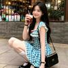 French Sweet Little Fly Sleeve Blue Plaid Dress Children's Summer New Style Waist Puffy Short Skirt Women's Clothing