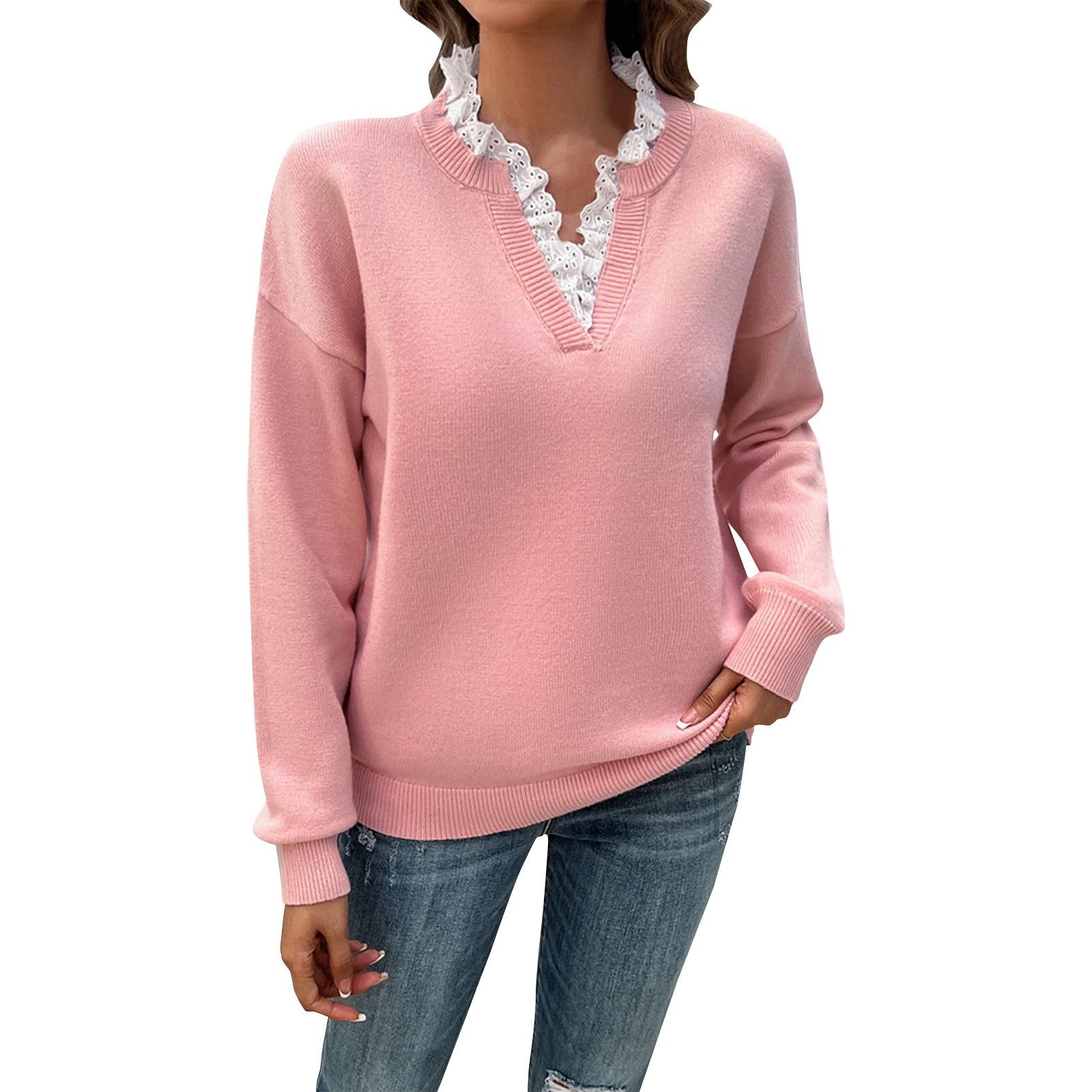 

Женский повседневный модный удобный свободный кружевной свитер с V-образным вырезом XL розовый