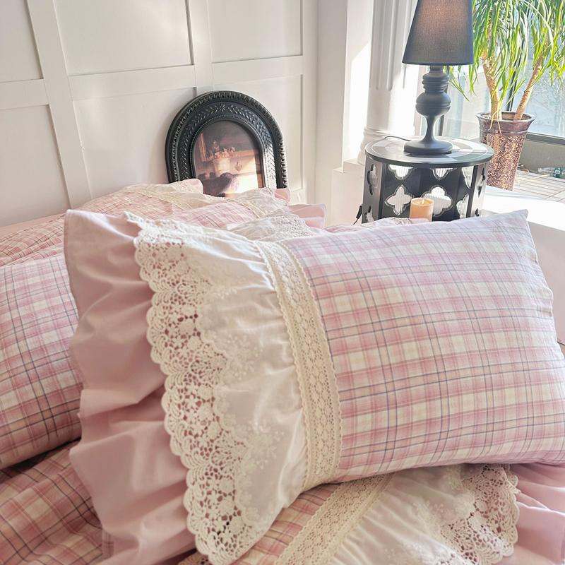 Vintage French Plaid Lace Ruffles 100% Cotton Bedding Set Duvet Cover Set Bed Sheet/Bed Skirt/Fitted Sheet Pillowcases 4Pcs