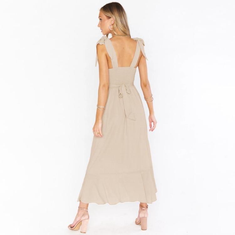 Women Summer Casual Sleeveless Spaghetti Strap A-Line Dress High Waist Long Split Solid Color Dresses