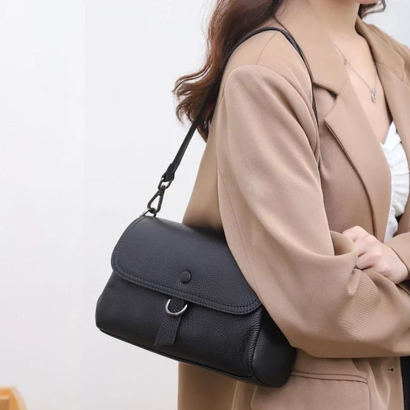 Women's Genuine Leather Luxury Underarm Bag Square Handbag Solid Versatile Real Cowhide Multi Compartment Single Shoulder Bag