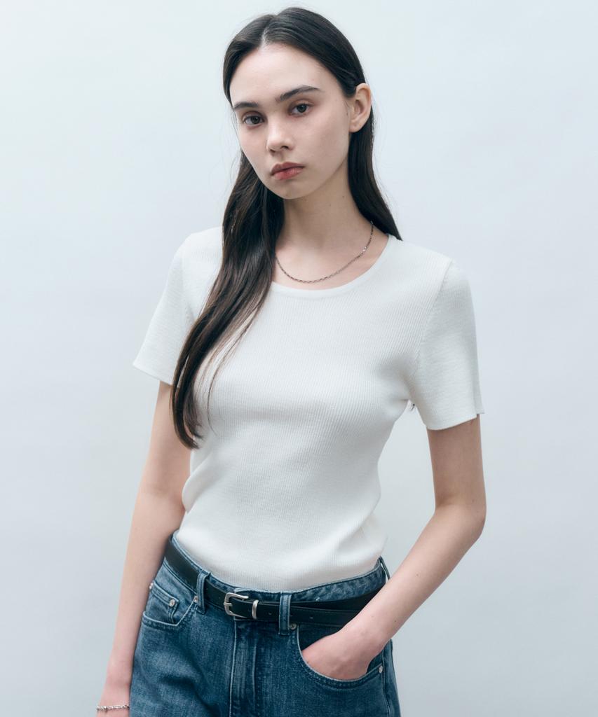 MONGDOL Ribbed Round Neck Short Sleeve Knit Mdkt075_8 Colors