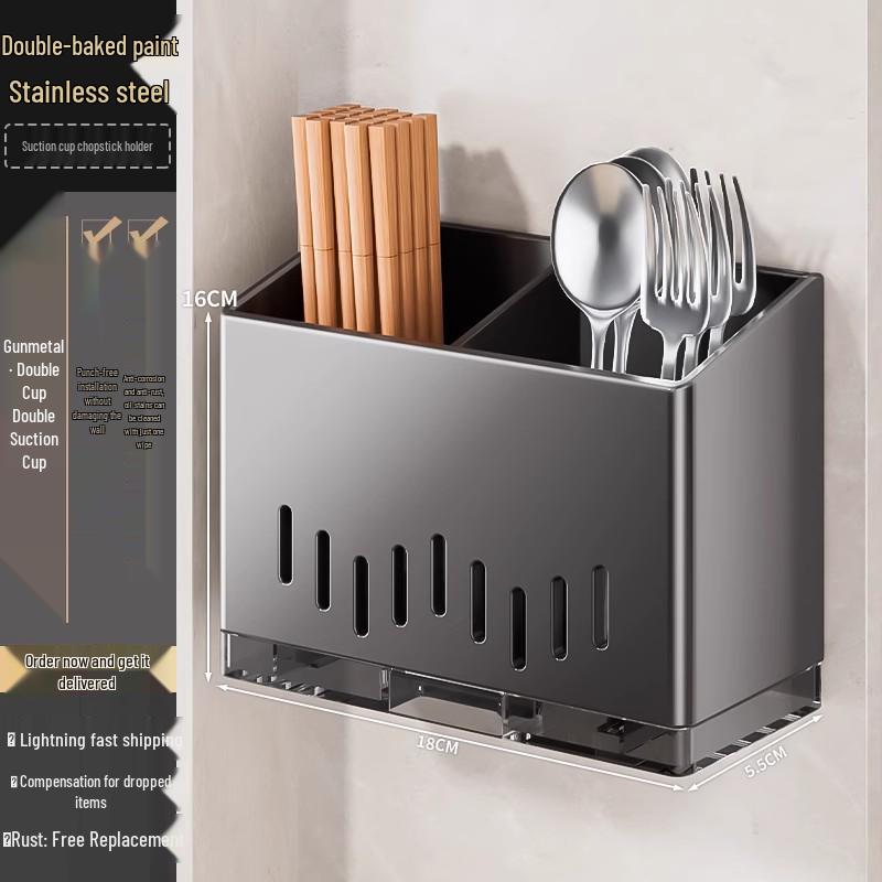 Wall-Mounted Stainless Steel Chopstick and Utensil Holder with Suction Cup