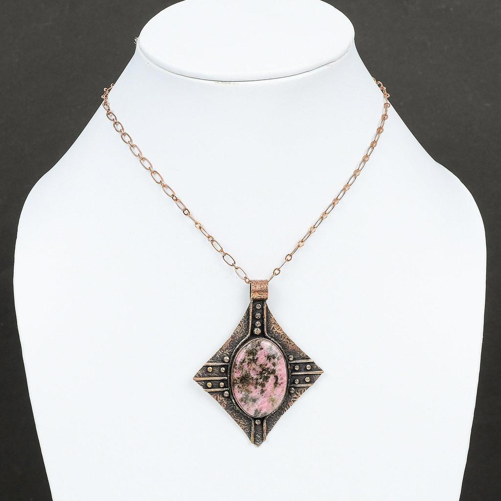 Rhodonite Pendant Copper Pendant Handmade Pendant Rhodonite Jewelry High Quality Gemstone Pendant Unique Copper Design Jewelry Gift For Her