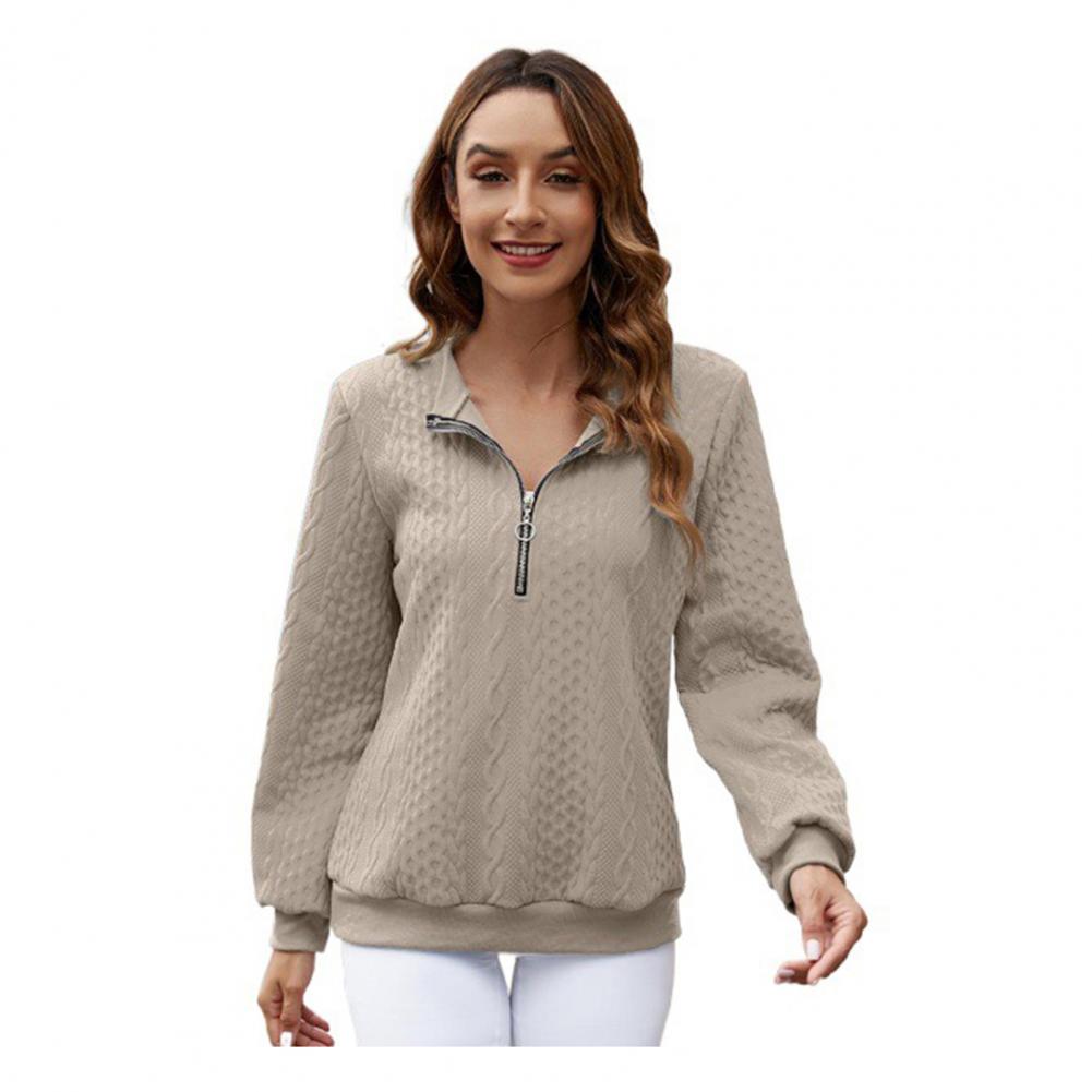 Fall Winter Women Sweatshirt Zipper Turn-down Collar Solid Color Long Sleeve Loose Twisted Texture Thick Warm Pullover Casual La