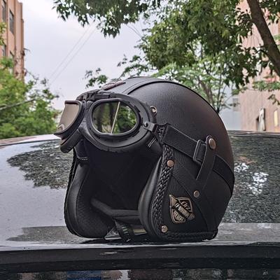 ORZ Retro Leder 3/4 Offener Halbschalen-Motorradhelm Leichter Erwachsenen Vantage Jethelm, DOT-zertifiziert für Männer und Frauen