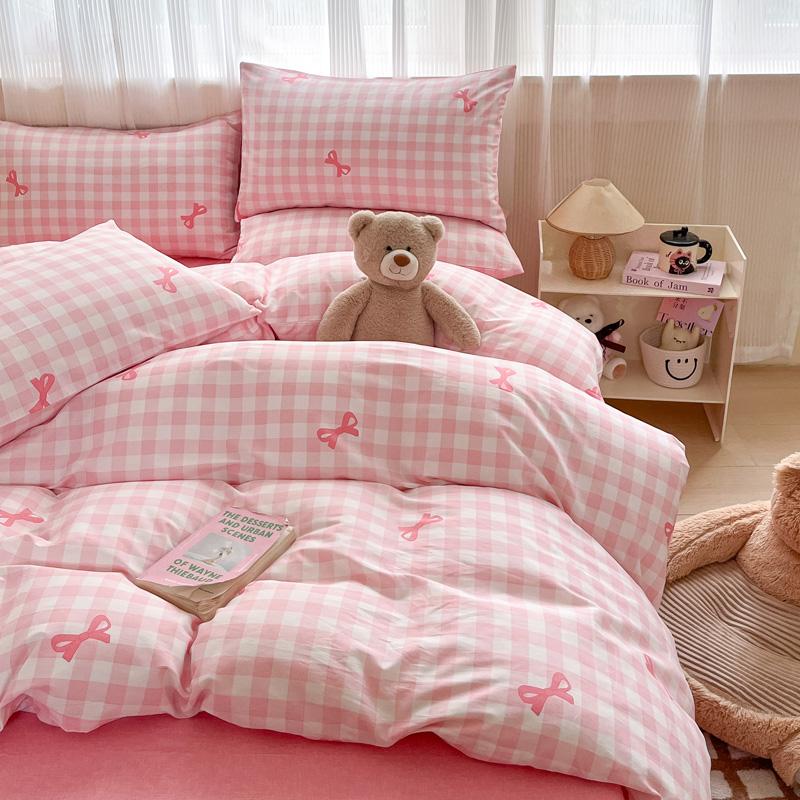 Solid INS Style Bedding Set For adults kids pink cotton fitted Flat Sheet With Pillowcases Colorful King Queen Full size
