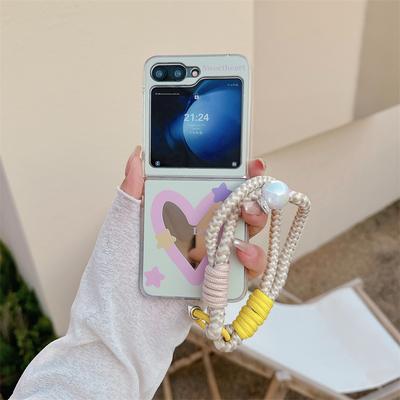 For Samsung Galaxy Z Flip 3 4 5 6 Case Z Flip6 ZFlip 6 ZFlip6 Cute Love Heart Hand Lanyard Mirror Shockproof Hard Cover