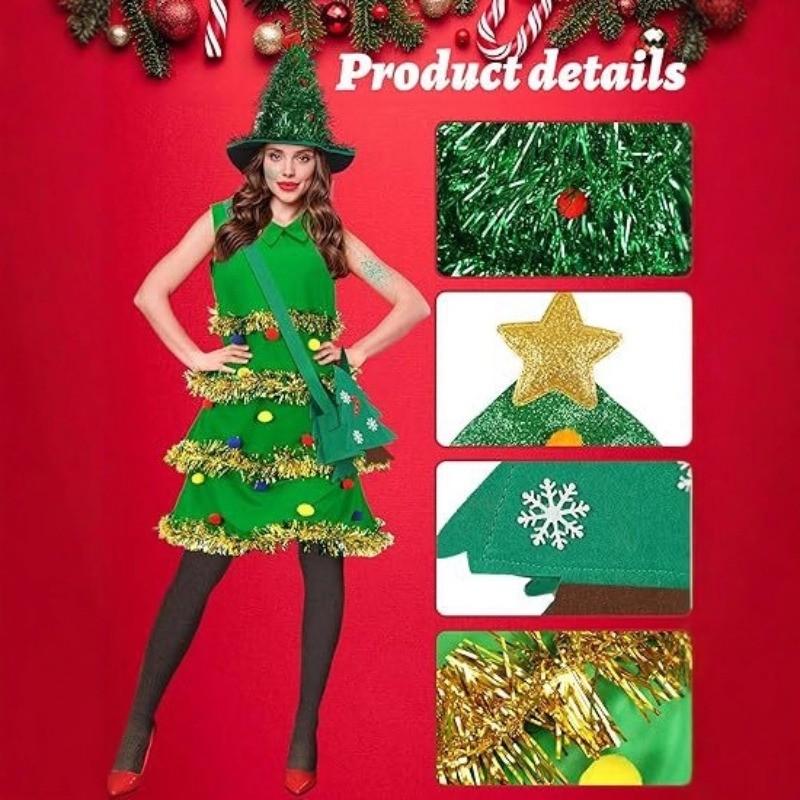 Adult Women Xmas Green Elf Christmas Tree Dress Hat Sets New Year Cosplay Costumes Performance Role Play Outfit