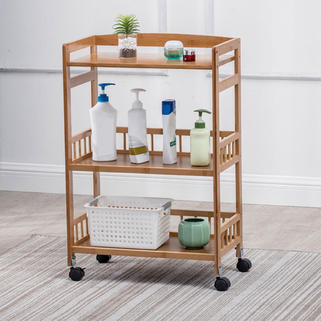 3-Tier 80cm Height Bamboo Kitchen Serving Cart with Wheels - Rustic Wood Color Rolling Utility Cart for Dining Room, Living Room