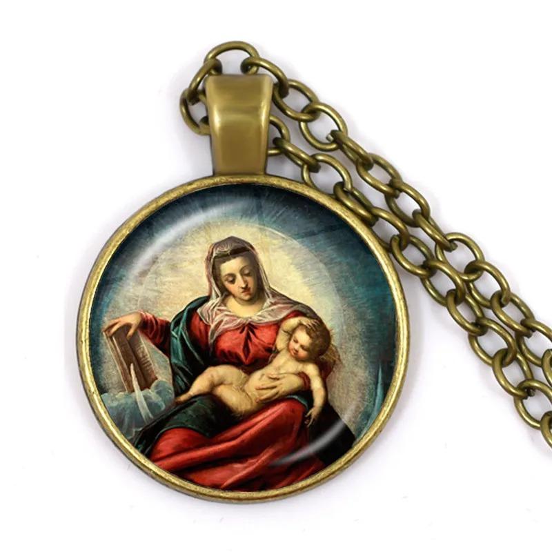 Virgin Mary and Baby Jesus Christian Catholicism Jewelry Necklace Blessed Mother Religious Art Glass Cabochon Dome Pendant Gift