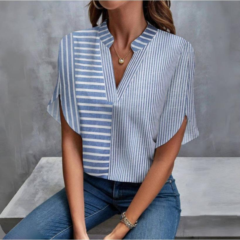 

HNXC Summer Women s V-neck Pullover Short-sleeved Striped Casual Women s Shirt L королевский синий