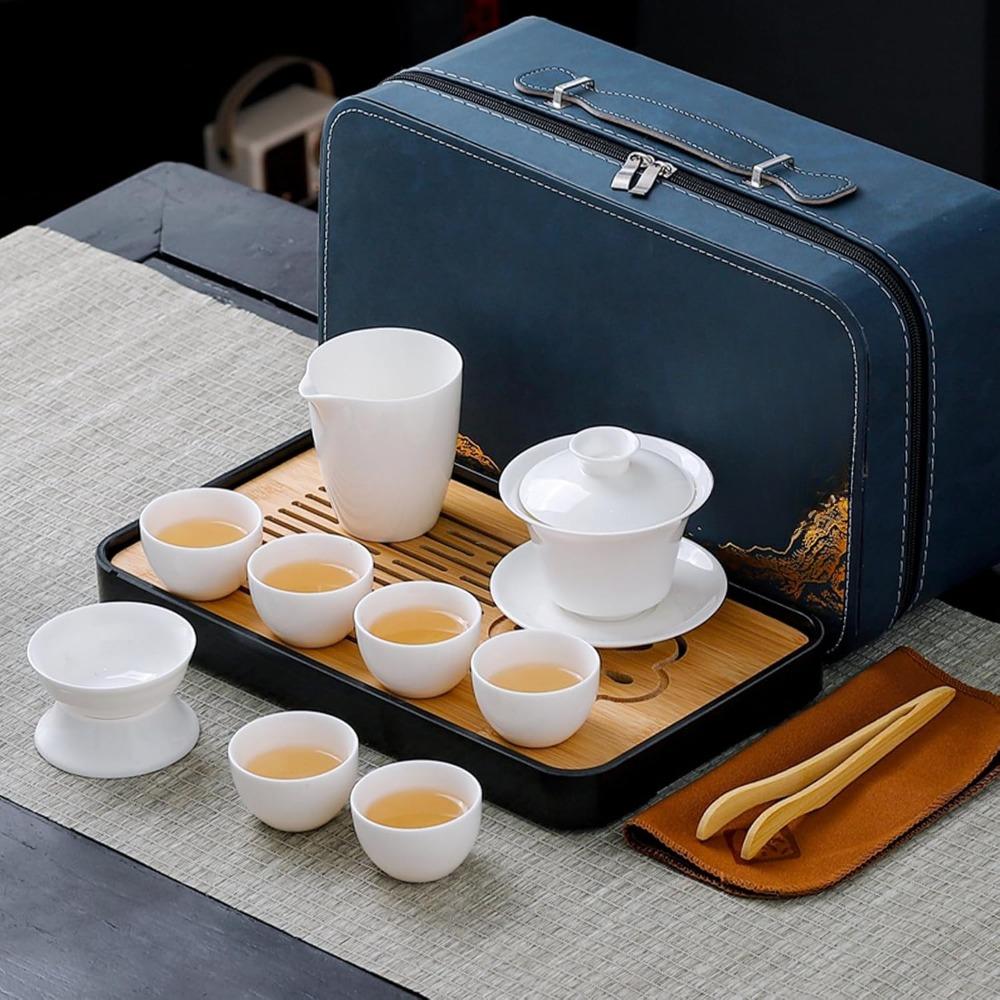 Chinese tea set, white jade tea set, Kung Fu tea set, Kung Fu tea set, 6 cups portable ceramic tea set large