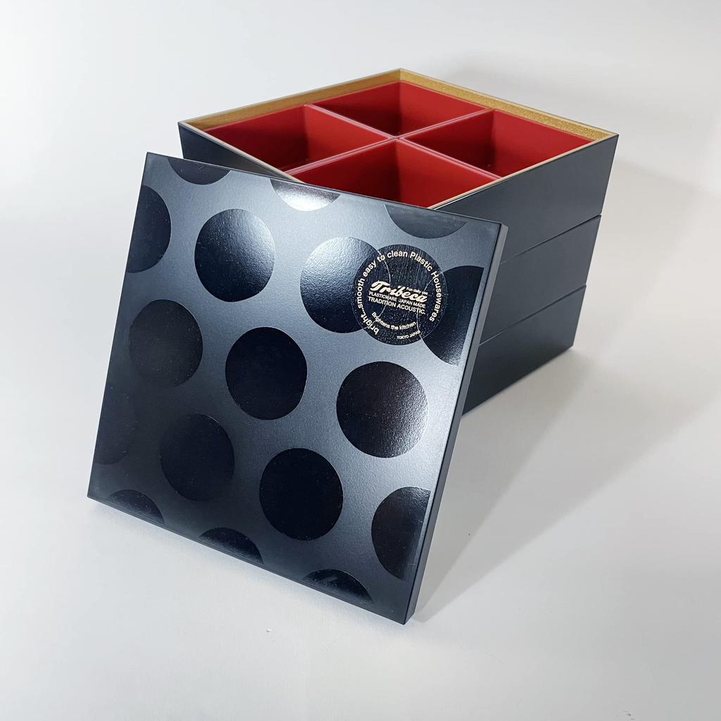 Tradition Acoustic TRIBECA 3-Tiered Jubako Box, Black/Gold Dot Design, 18cm, Made in Japan