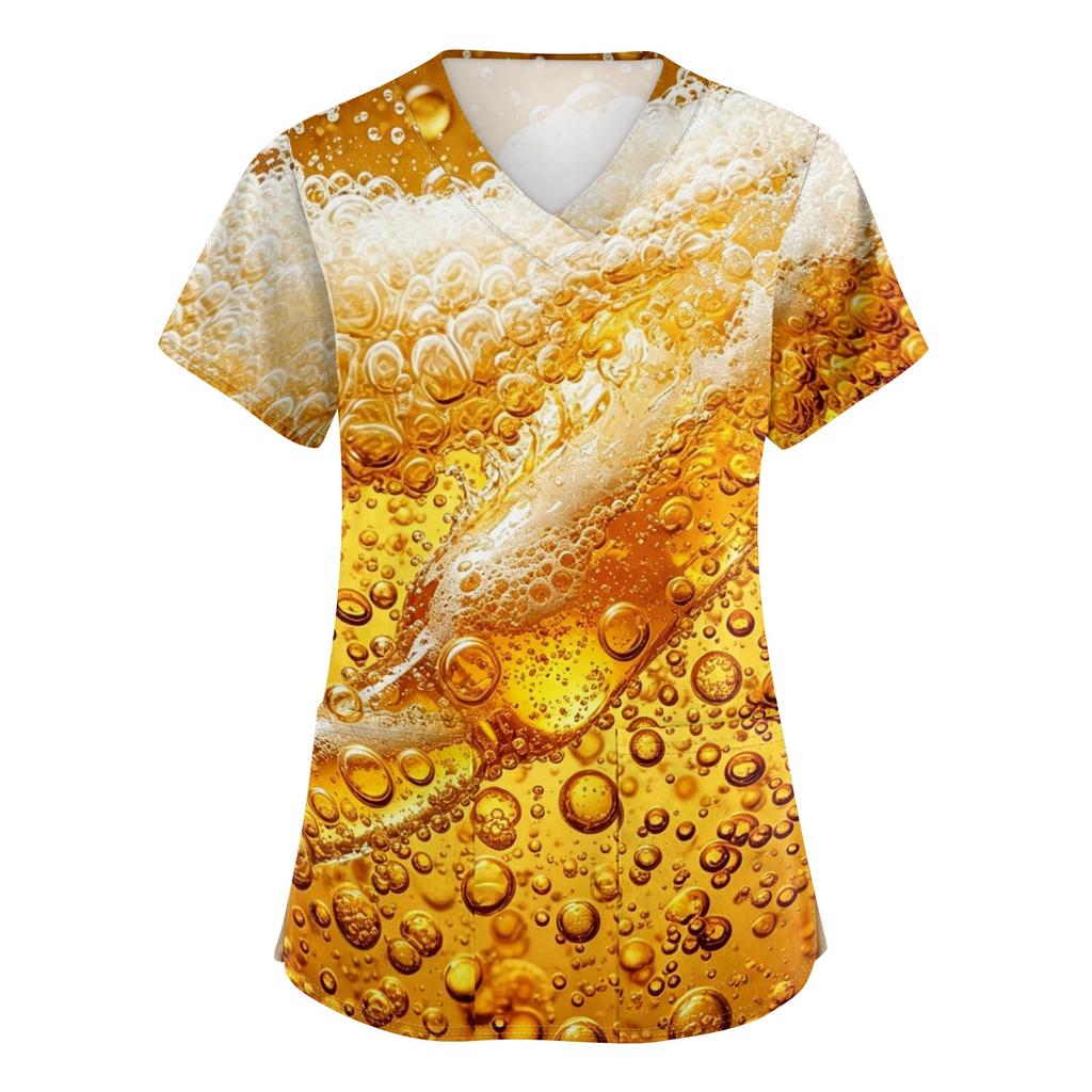 Women V Neck Short Sleeve Work Shirt with Pockets Beer Festival Print Top Nurse Scrub Uniform for Healthcare Professionals
