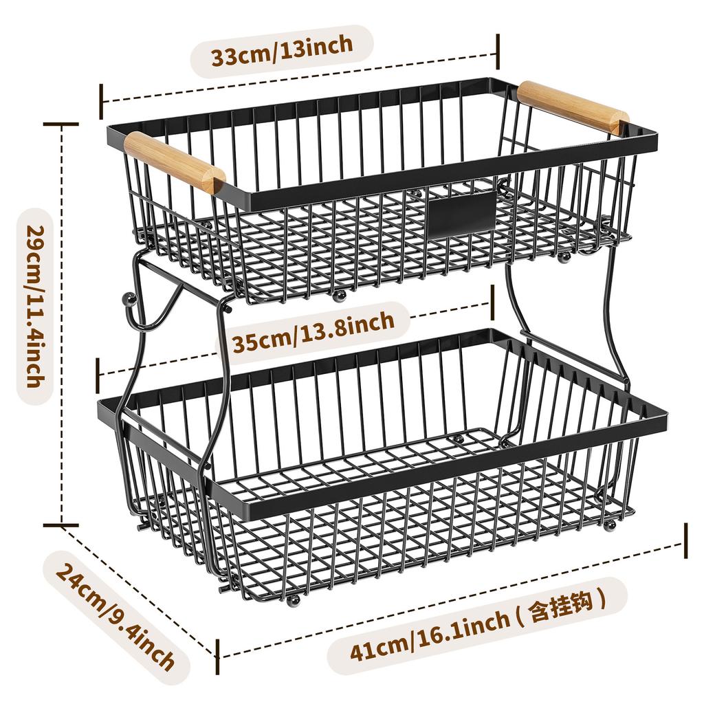 33*29cm Deteachable Fruit Vegetable Kitchen Storage Organizeation Racks Holders Double-layer Trays Wood Hand SS Home Display