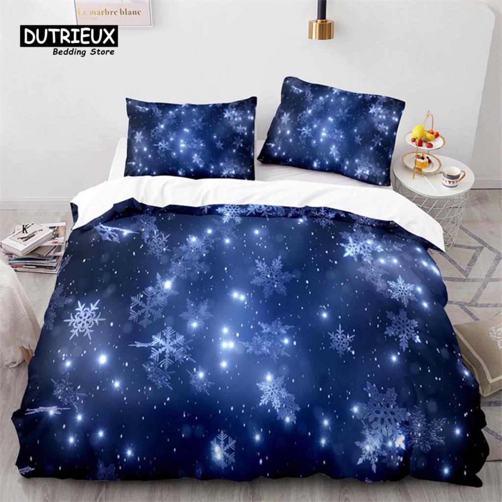 Schneeflocken Bettbezug Winterthema Geometrisches Muster Bettwäscheset Mikrofaser Blau Floral Quiltbezug Für Mädchen Junge Weihnachtsdeko