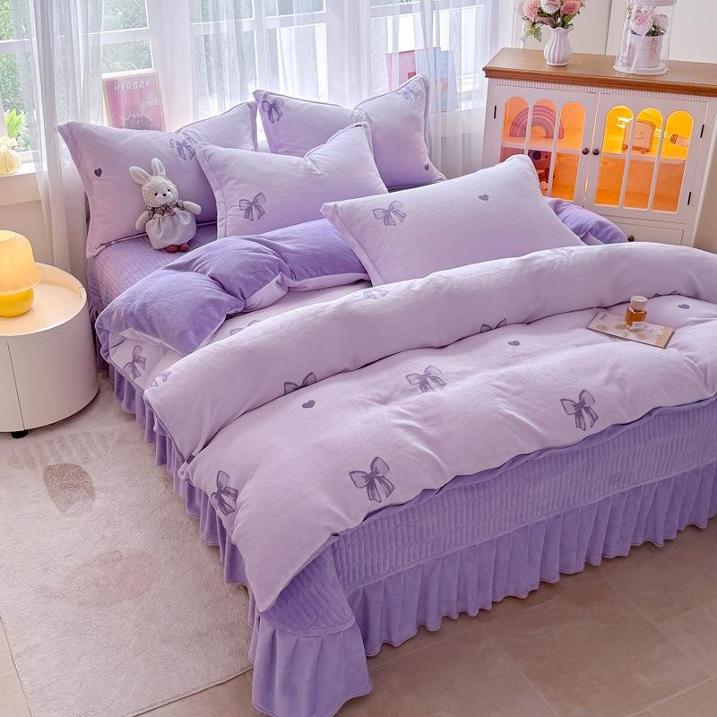 Thickened Milk Fleece Bed Cover Four-Piece Set, Fleece Bed Sheet Quilt Cover, Baby Fleece Three-Piece Set, Bedding