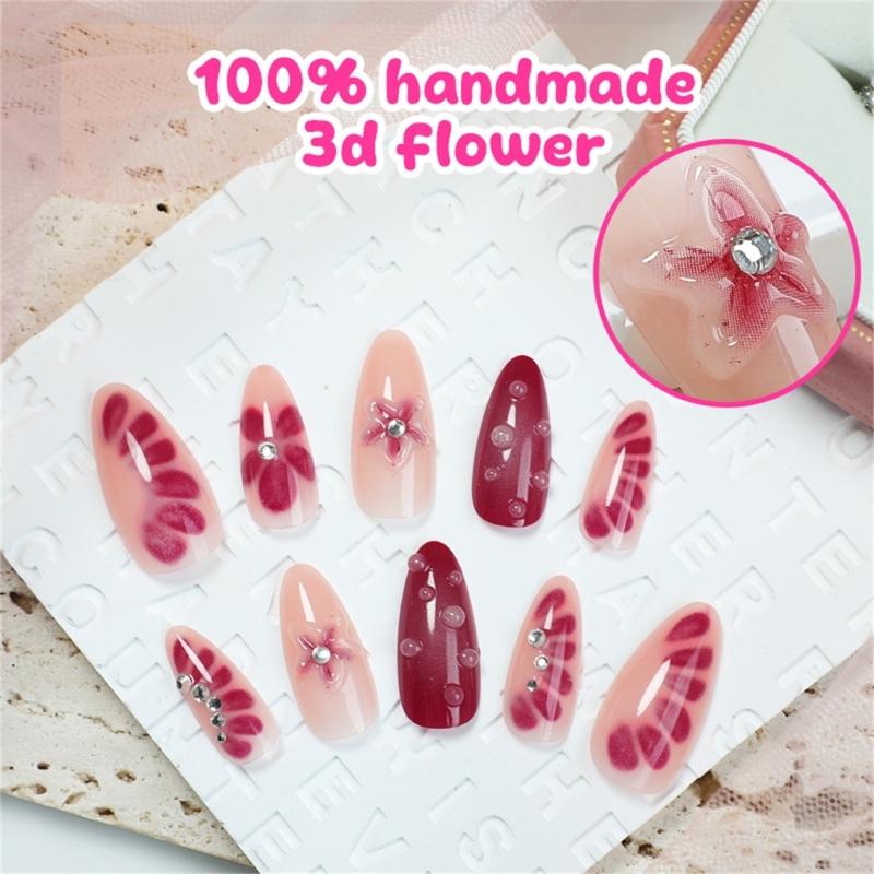 24 Pcs Glossy Full Cover Stick on Nail Almond Shape False Nail 3D Flowers Press On Nail Rhinestones Artificial Nail