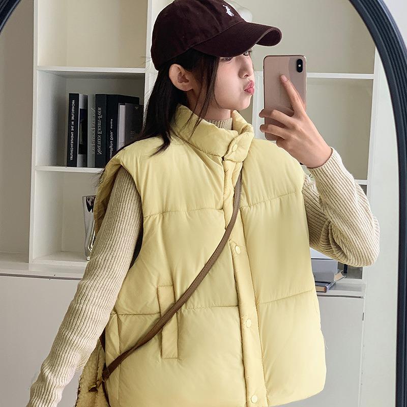 Light Blue Sleeveless Stand-up Neck Down Cotton Jacket Women's Winter New Small Short Warm Bread Jacket