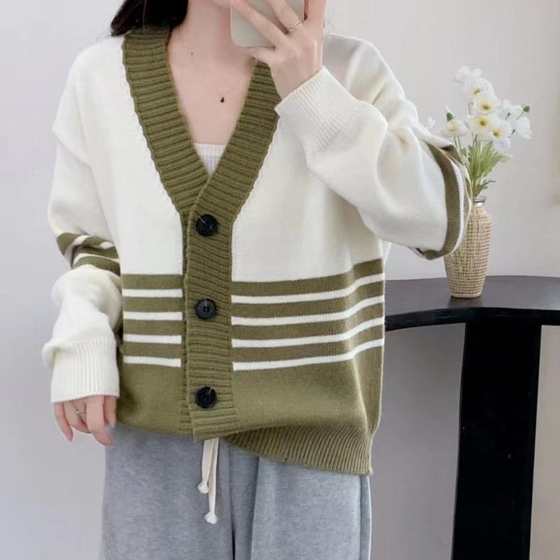 Autumn and Winter Lazy Wind Loose Sweater Cardigan Women's New Striped V-neck Knitted Jacket Versatile Casual Top