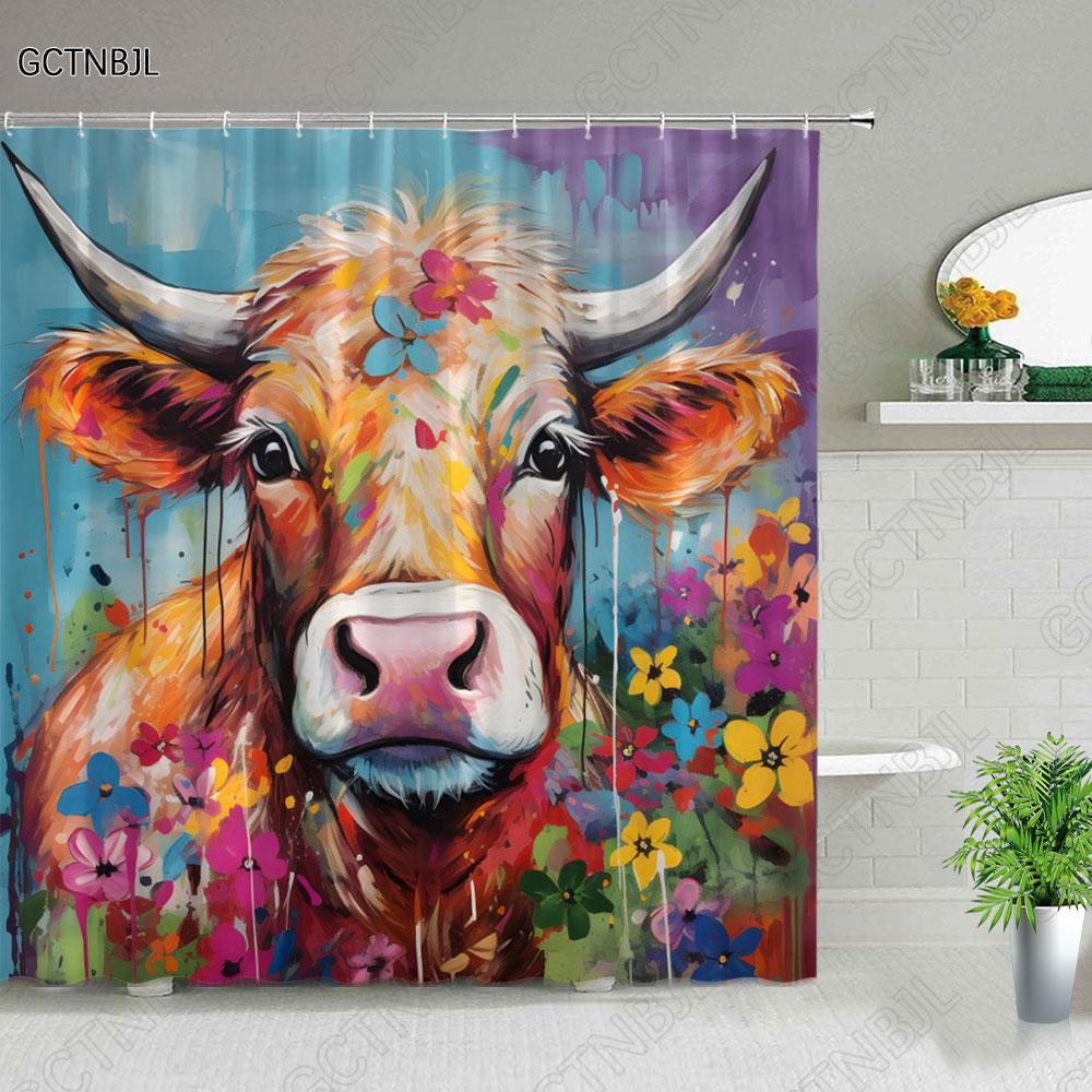 Cat Dog Cow Shower Curtain Set Cute Animal Bathroom Curtains Fabric Christmas Home Bathroom Decor Bathroom Accessories Set