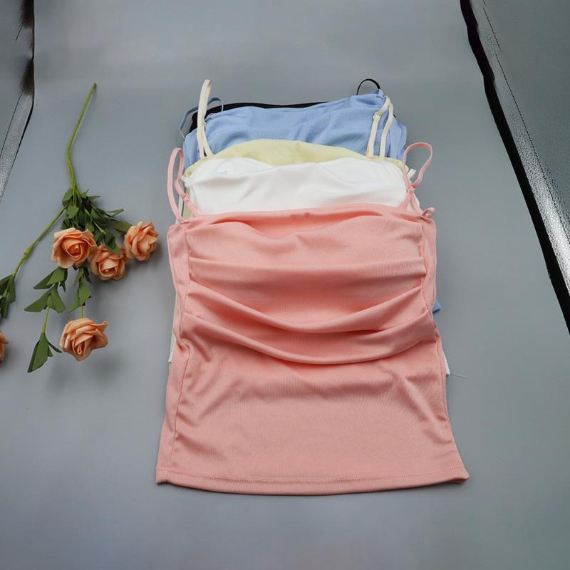Women's Pleated Camisole Top Summer One Neck Tank Top Women's Slimming Street Top Girls' Chest Cushion Pure Desire Camis