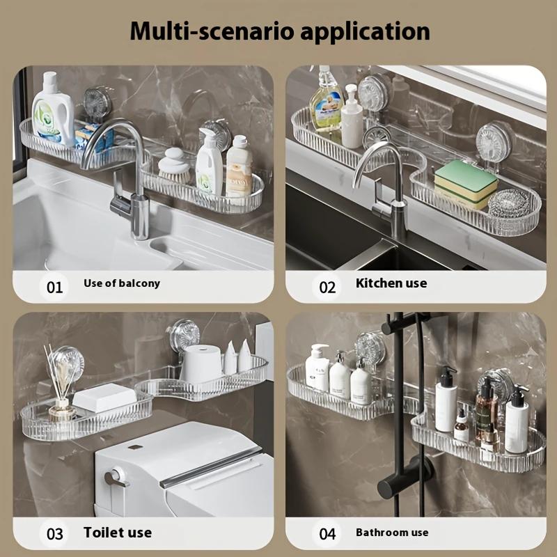 Bathroom Shelf Suction Cup Wall Mount Shower Shelf Over Faucet Sink Rack Shampoo Holder No Drill Drain Basket Bathroom Organizer