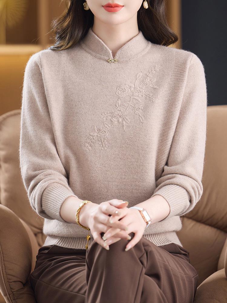 High-End Qipao Collar Women's Wool Sweater - Autumn/Winter Fashionable, Loose, Double-Strand for Mothers