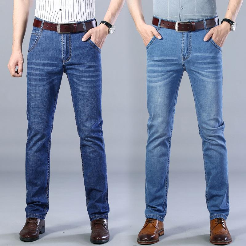 

Летние тонкие джинсы мужские свободные прямые эластичные прилив мужские повседневные узкие универсальные летние длинные брюки мужские 28 светло-синий